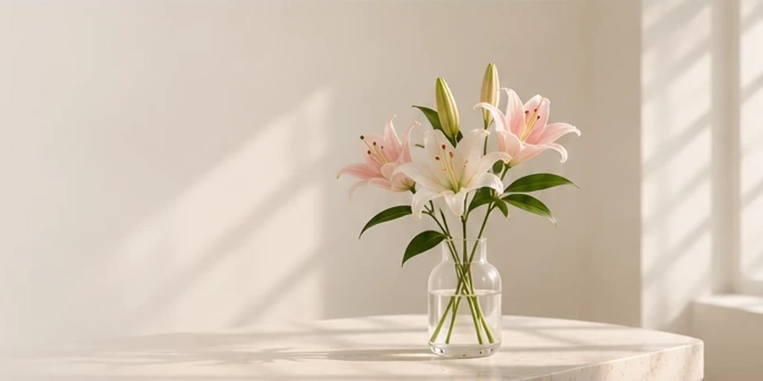 Pink and white lilies in a glass vase on a stone table in soft window light